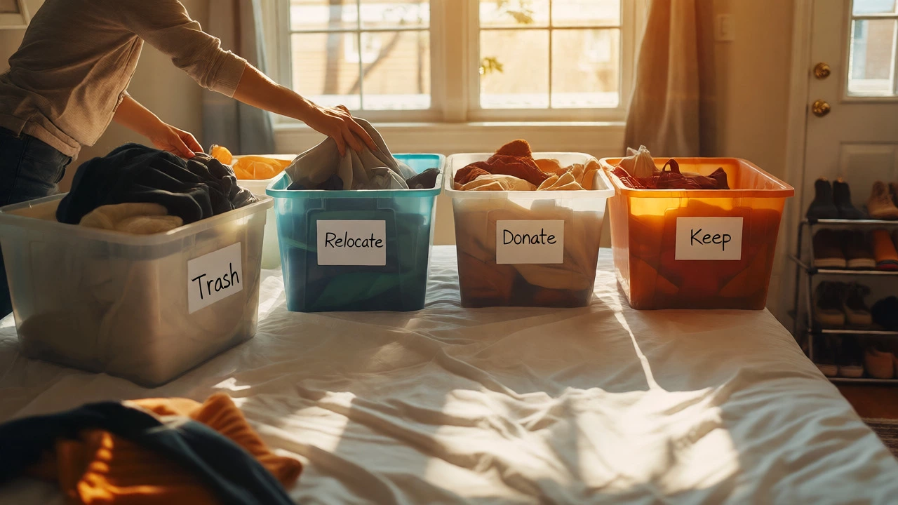 Person sorting items into bins during rapid bedroom decluttering session
