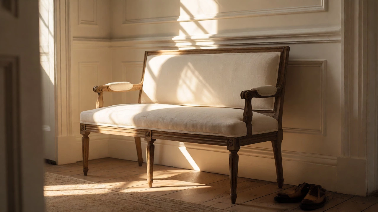 Slim wooden settee with cream cushions in a sunlit hallway