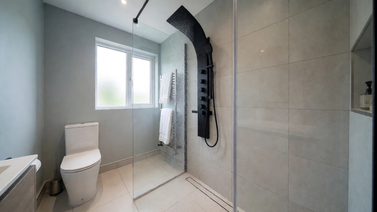Walk-in shower with matte black rain showerhead and modern dual-flush toilet in neutral tones.