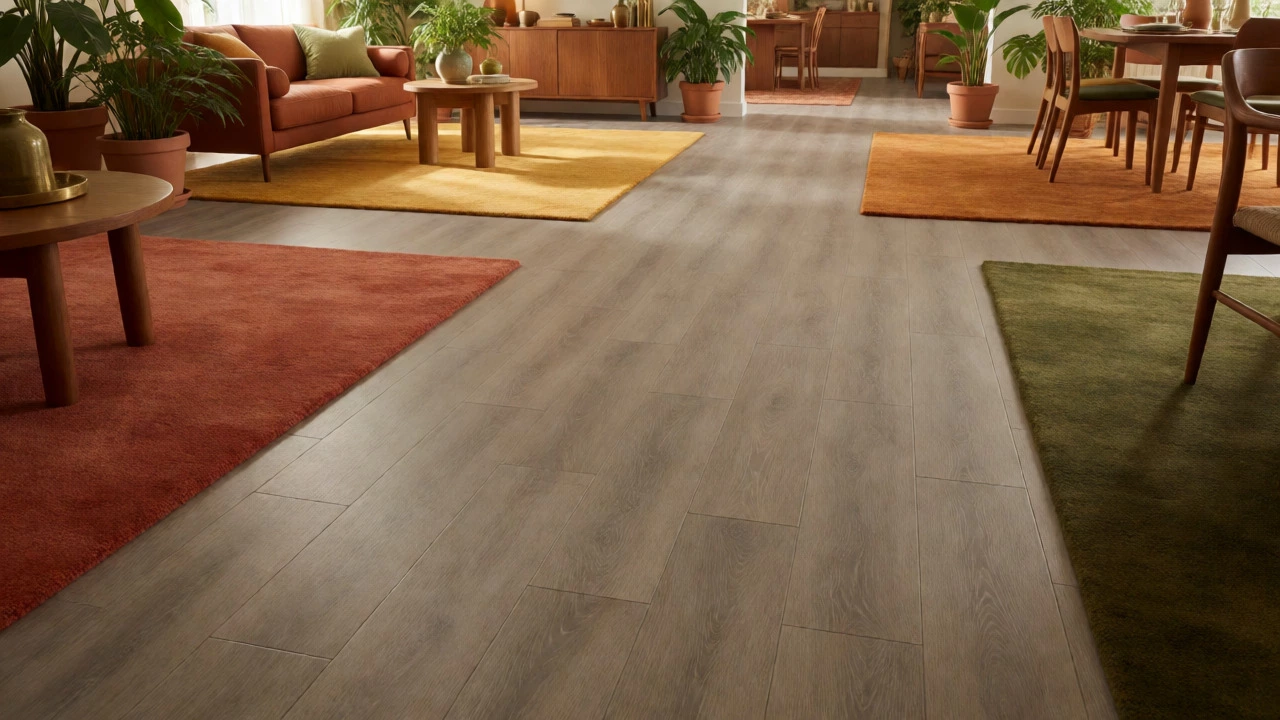 Warm earth-toned rugs and wood floors replacing grey carpet