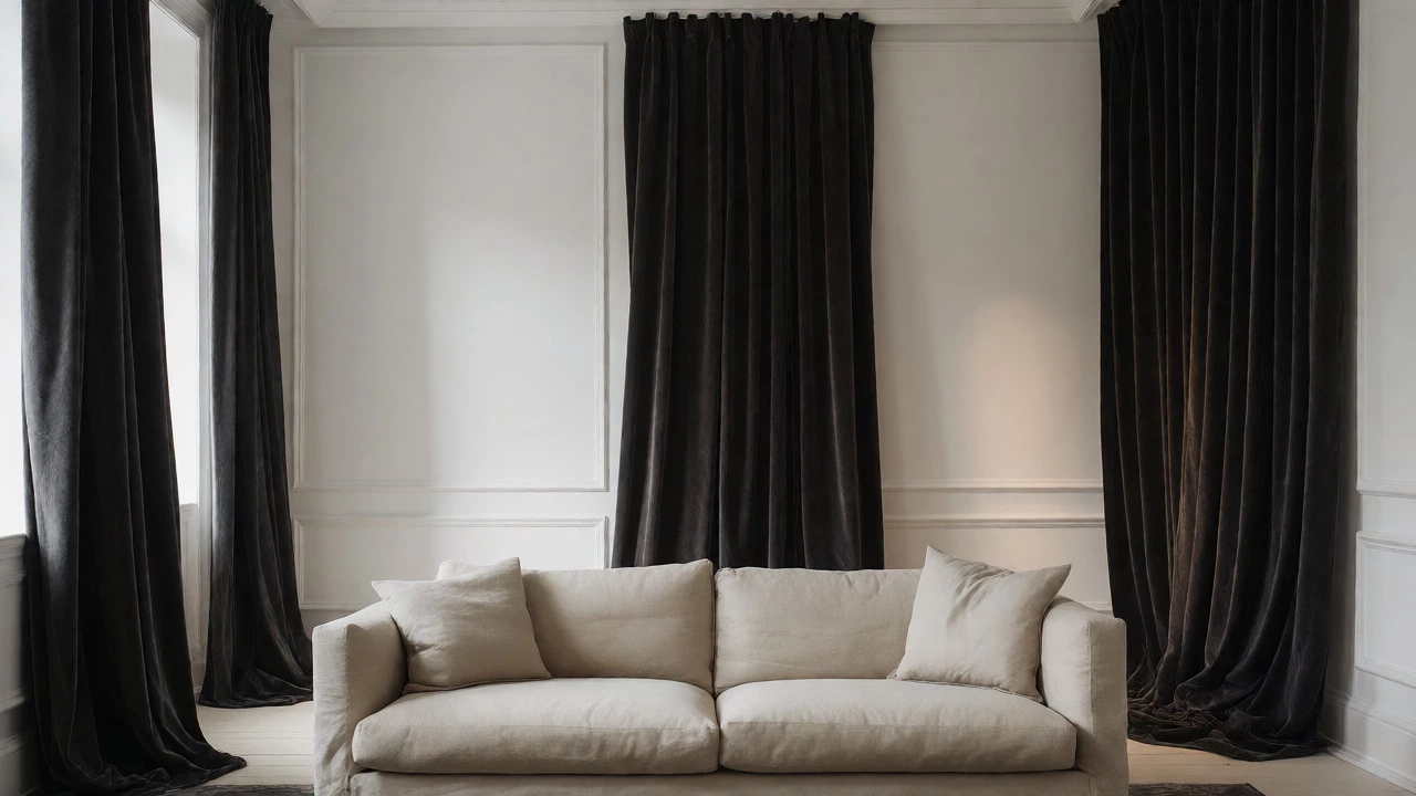 Beige sofa framed by dramatic floor-to-ceiling charcoal grey curtains