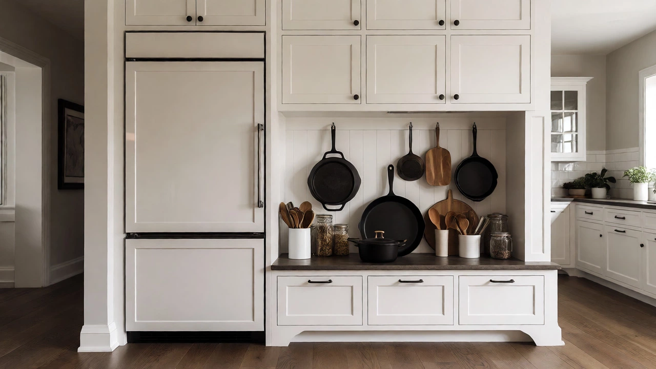 Built-in refrigerator blending into cabinets next to arranged cookware in an open kitchen