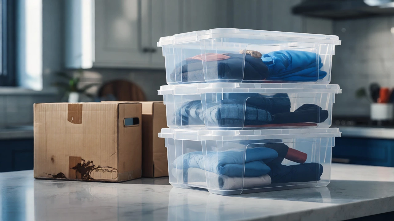 Clear plastic bins compared to damaged cardboard boxes on a counter