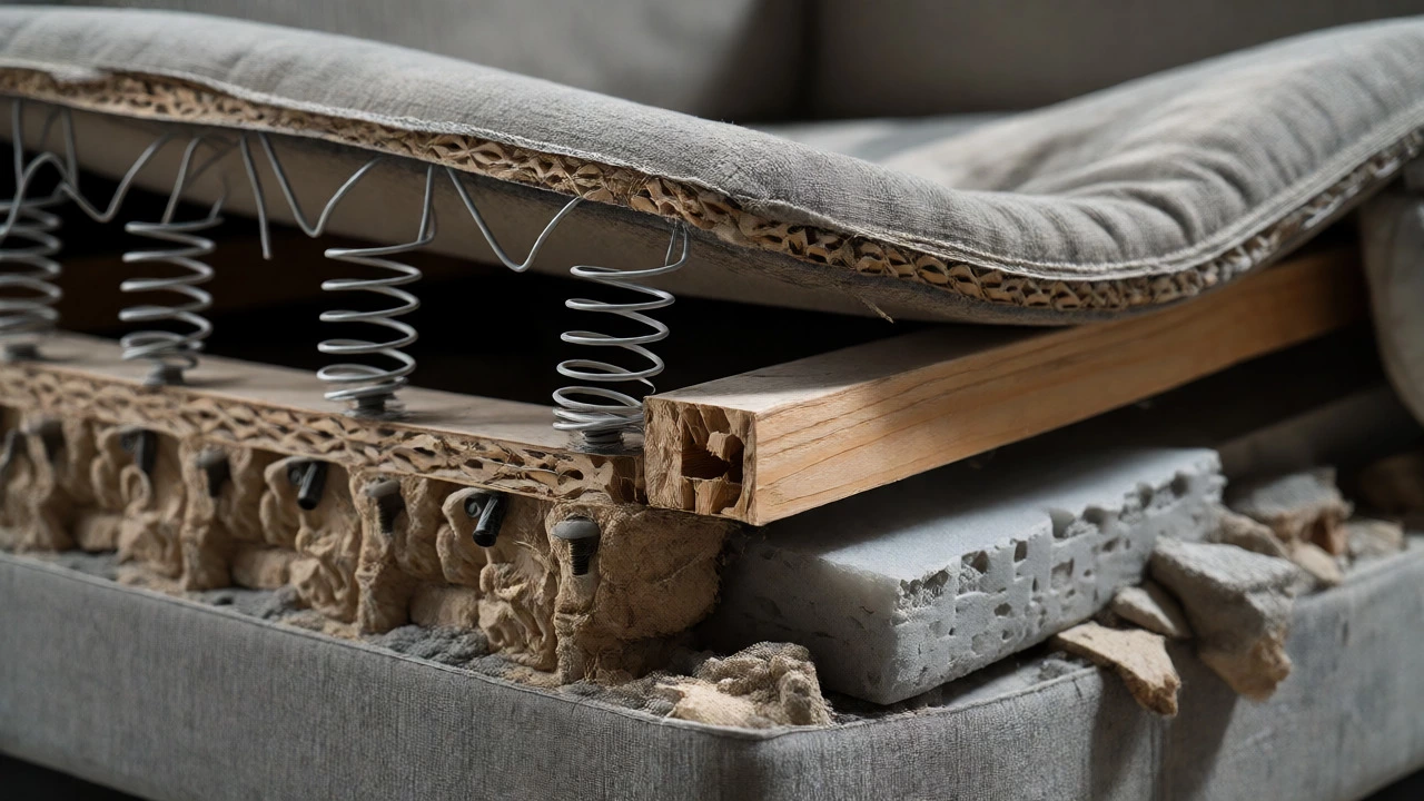 Close-up of a broken sofa frame showing sagging springs and crumbling foam.