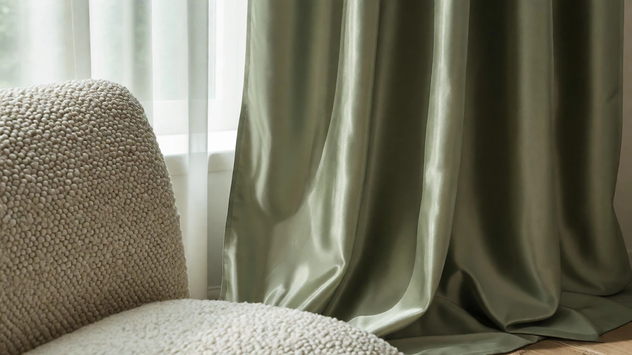 Close-up of cream boucle chair beside smooth sage green silk curtains