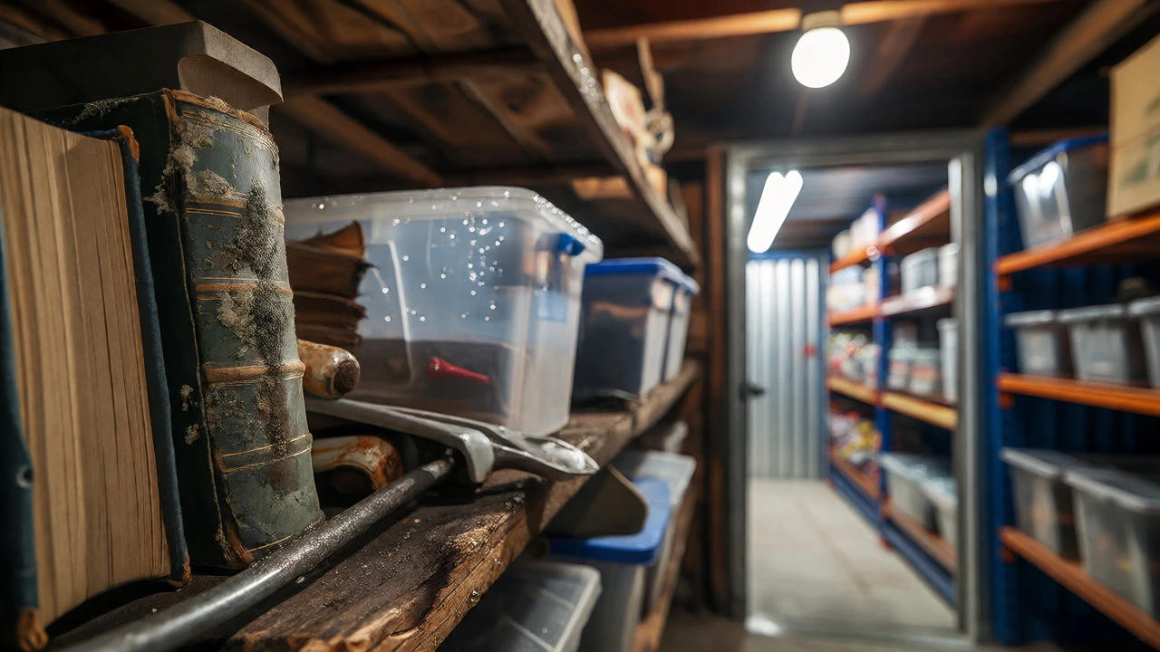 Close-up of mold and rust on items in a damp garage