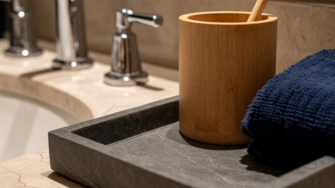 Close-up of slate gray and bamboo bathroom accessories on a marble counter
