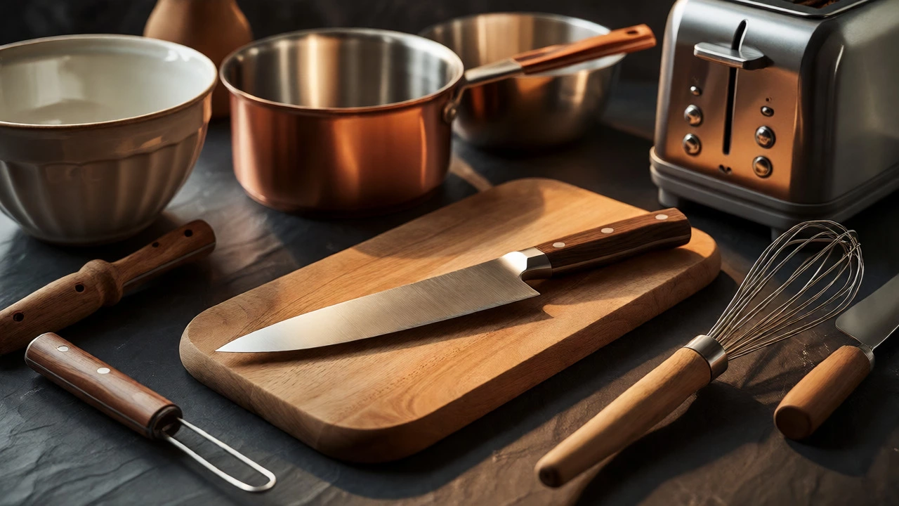 Collection of portable kitchen tools including knives, pots, and a toaster on a slate surface.