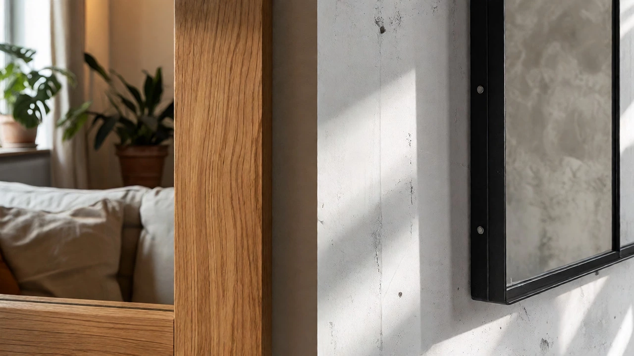 Comparison of oak wood and black metal mirror frames against different wall textures