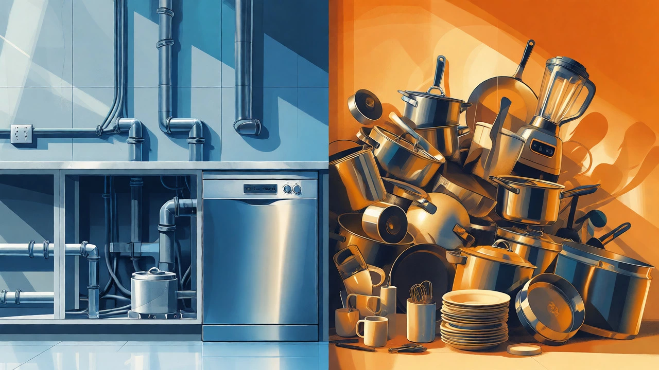 Conceptual split image comparing fixed kitchen infrastructure with portable kitchenware tools.