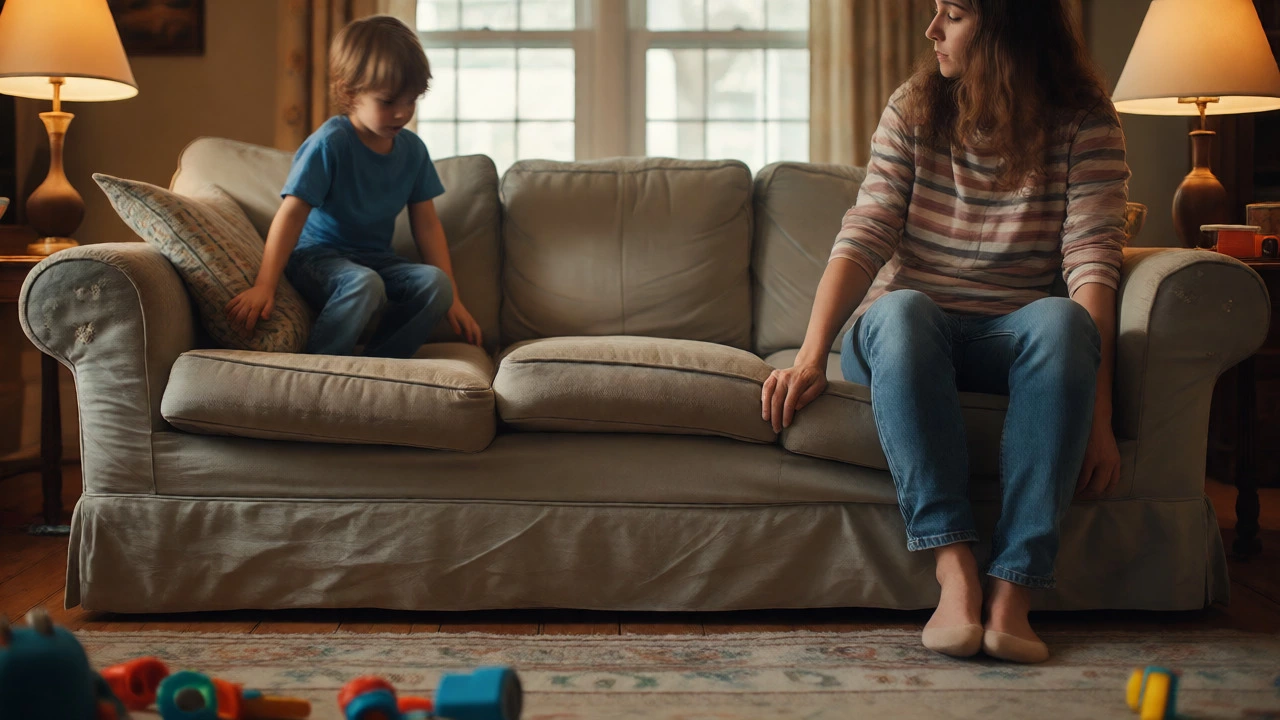 Family in a living room with a slightly worn sofa showing signs of daily use.