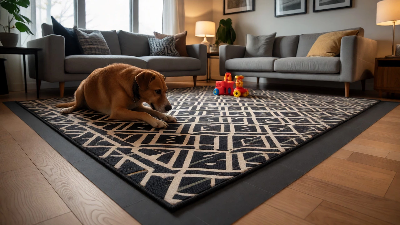 Family living room with a durable patterned nylon rug and pets.