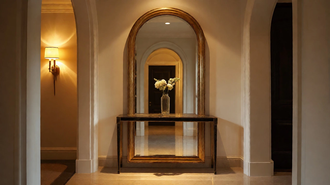 Gold-framed arched mirror above a console table in a warmly lit entryway