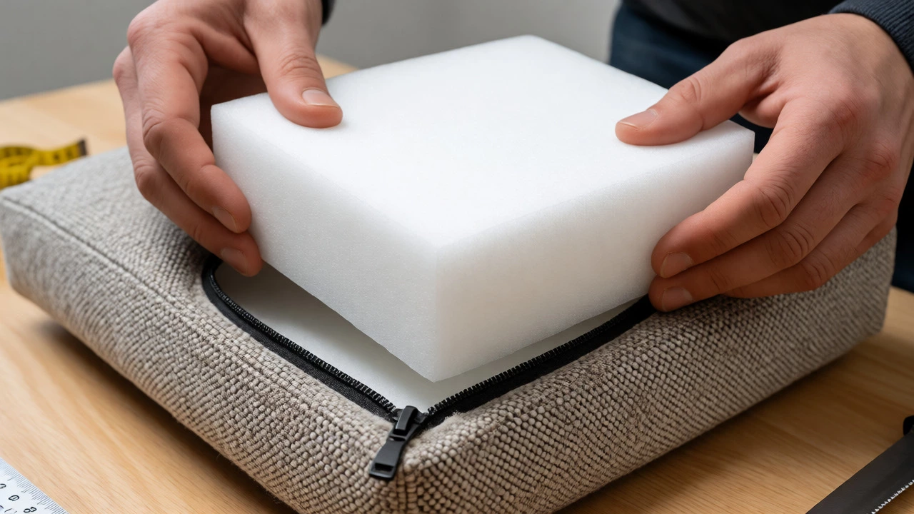 Hands inserting new high-density foam into a sofa cushion cover.