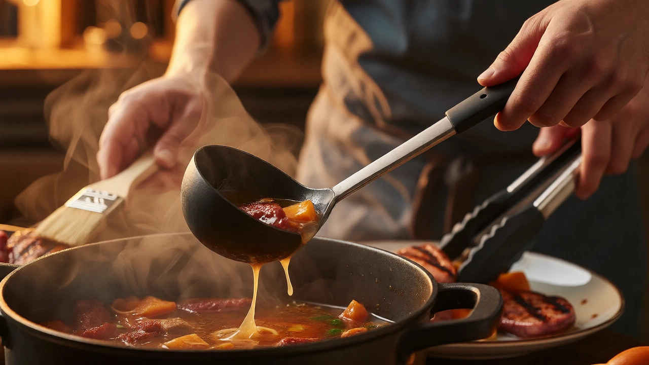 Ladle serving stew while tongs handle meat