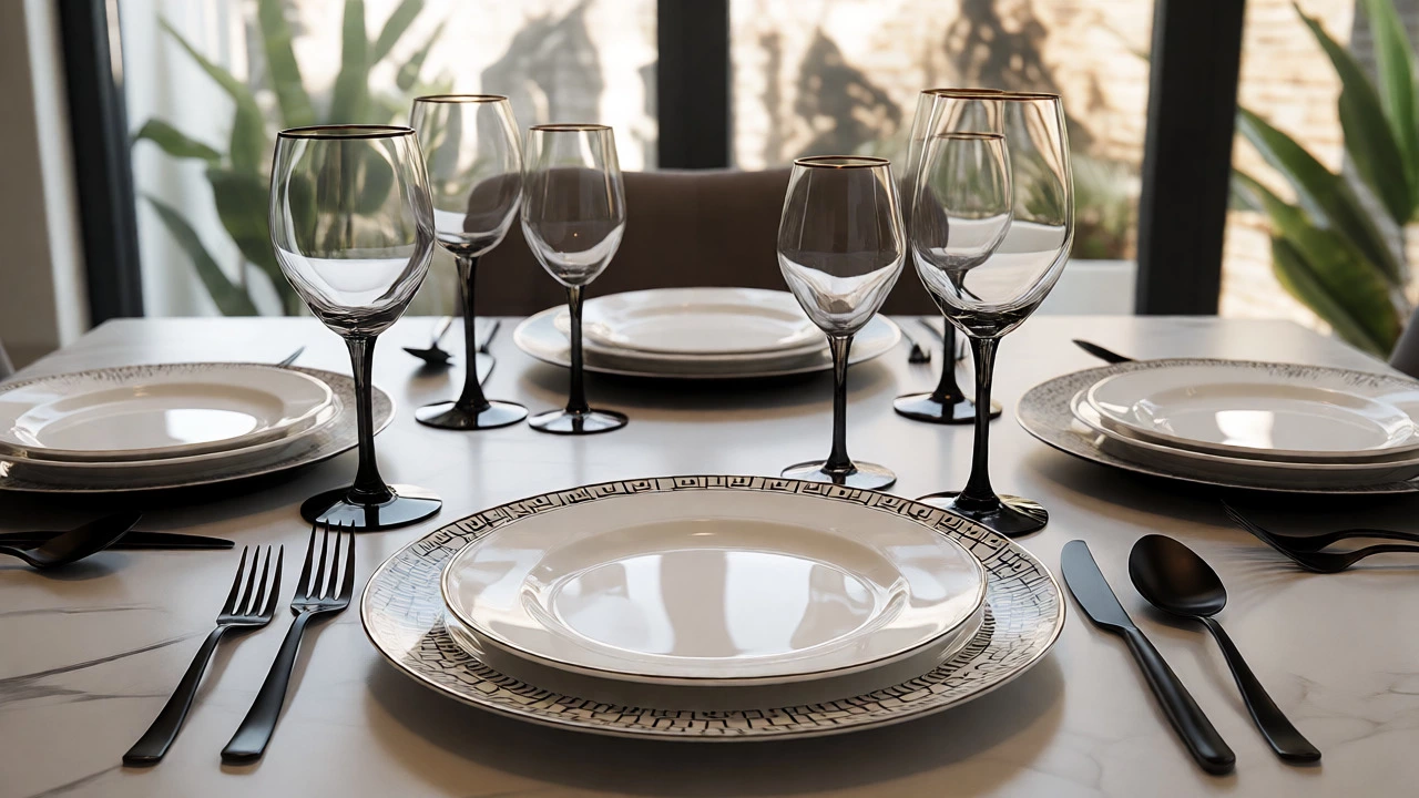 Modern dining table with mixed patterns, chargers, and consistent matte flatware.