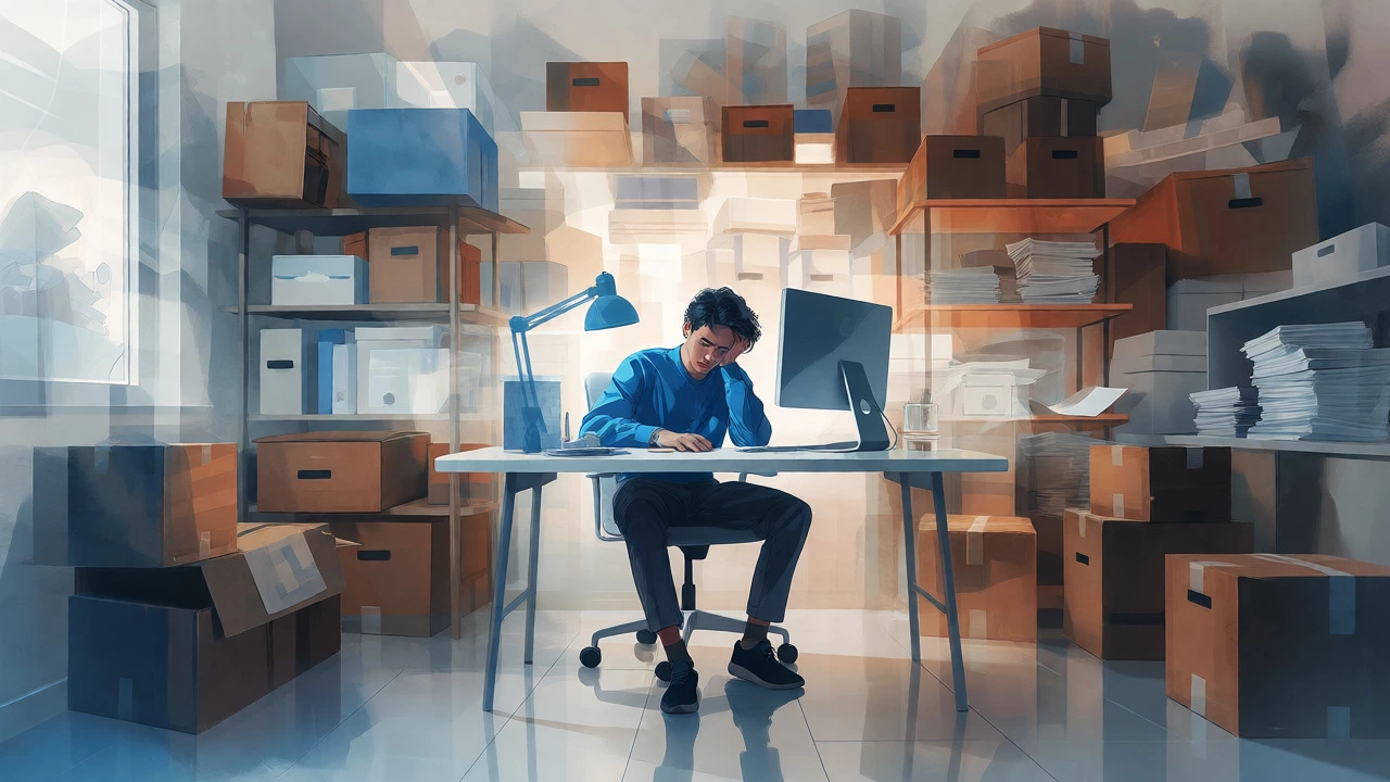 Person stressed by ghostly overlays of household clutter
