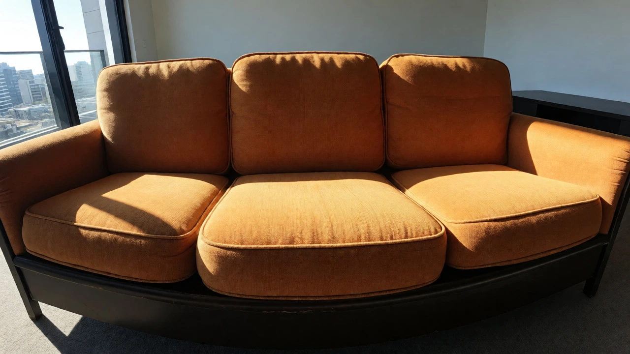 Restored vintage sofa with plump cushions in a sunlit living room.