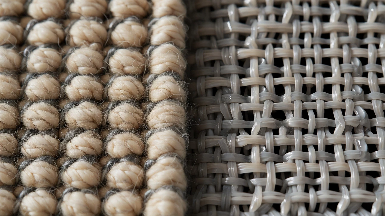 Side-by-side comparison of dense wool and polypropylene rug textures.