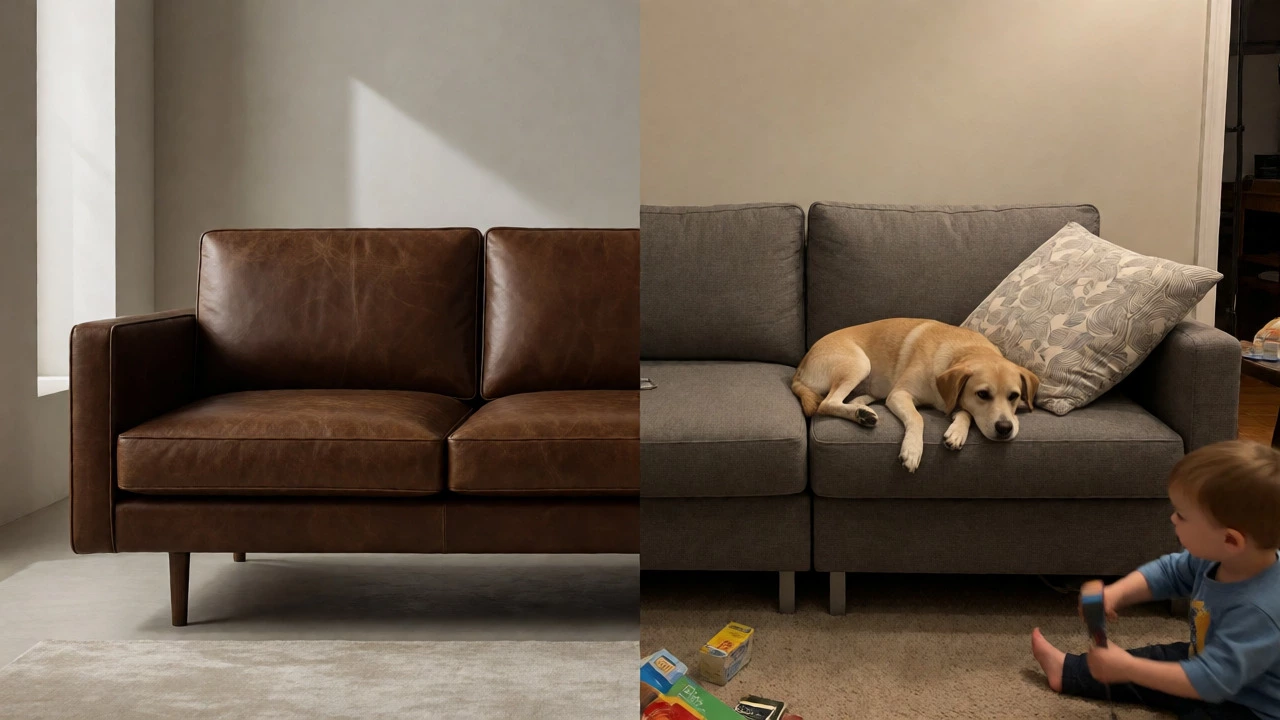 Split view comparing luxury leather sofa and practical family fabric sofa