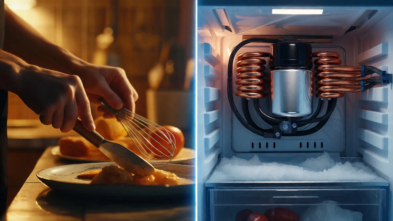 Split view showing hands using cooking tools versus internal refrigerator machinery
