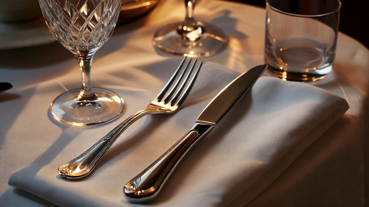Sterling silver fork and stainless steel knife beside sparkling crystal and plain glass.