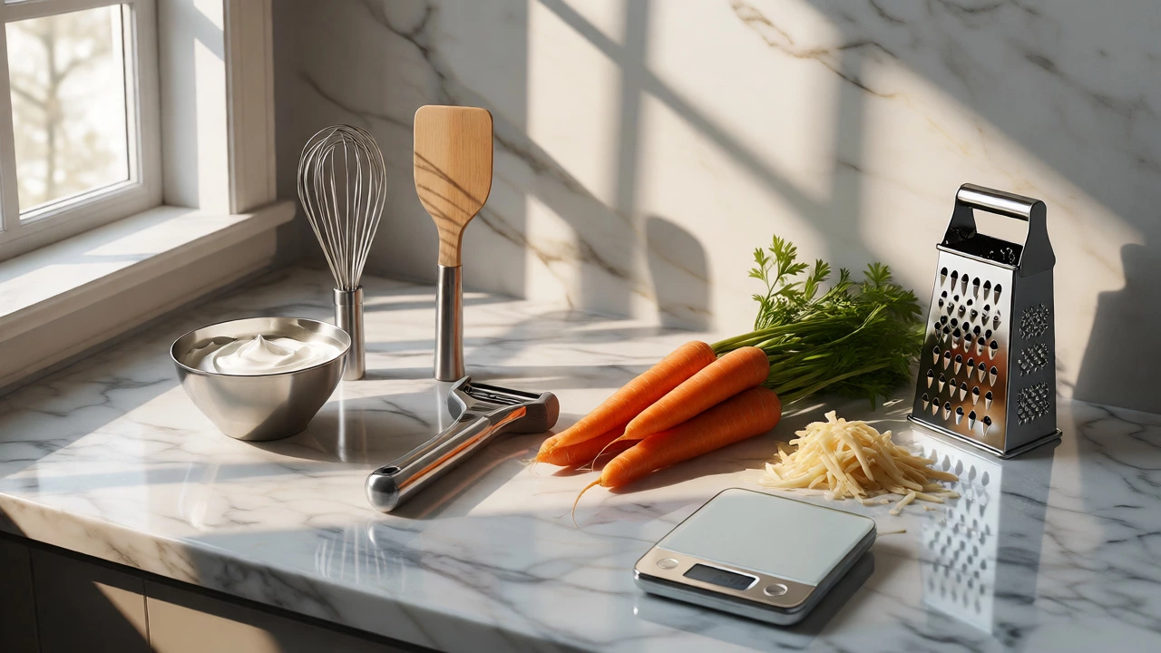 Whisks, peelers, and graters arranged on a counter